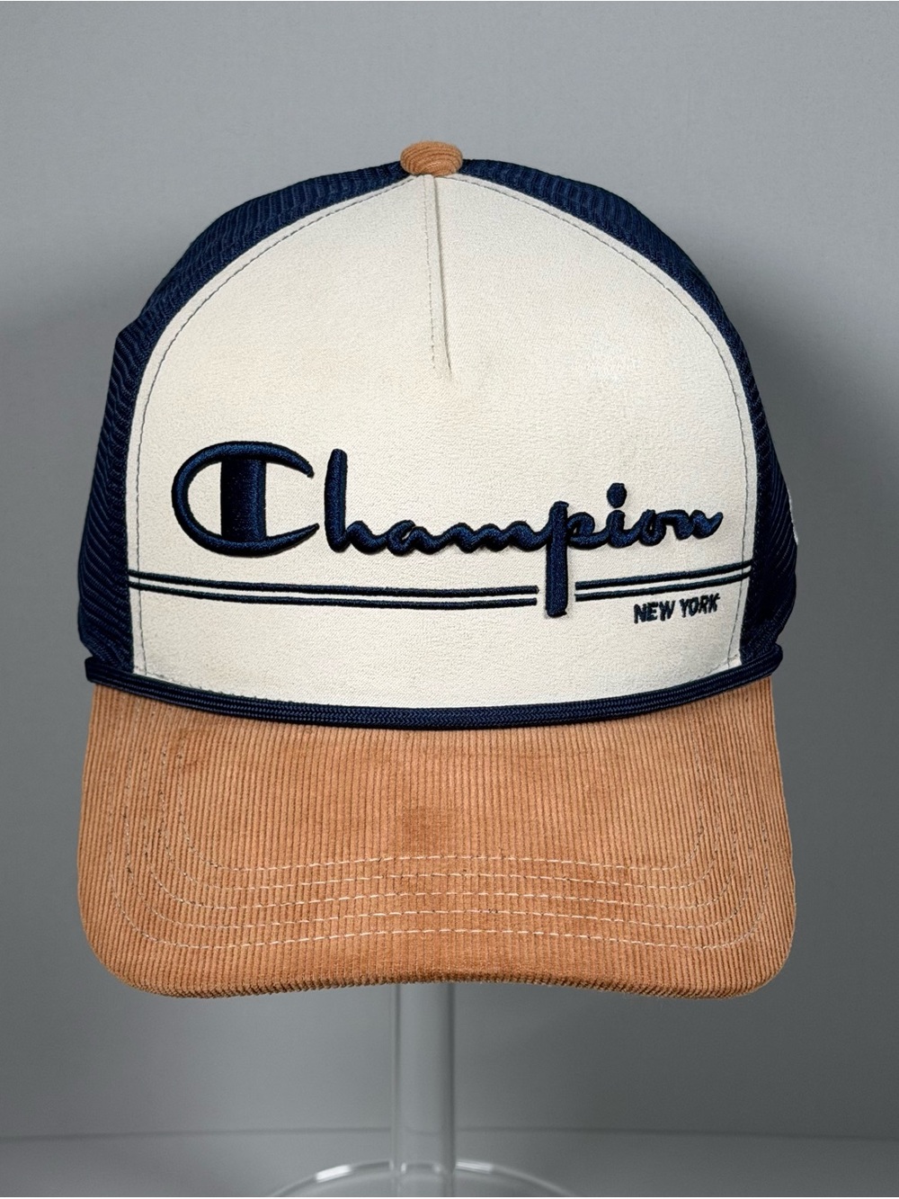 Champion New York Trucker Hat Snapback Cap Corduroy Brim Mesh Navy Cream